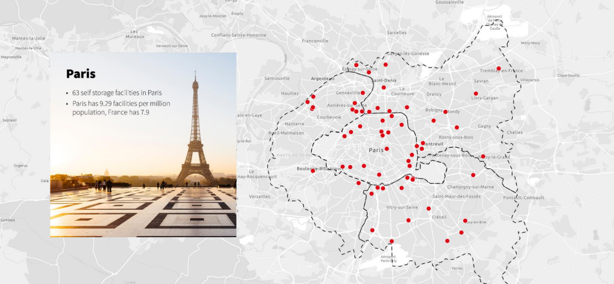 Карта распределения складов индивидуального хранения в Париже