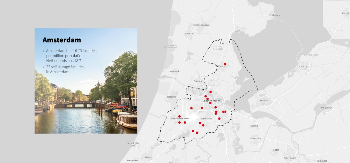 Карта распределения складов индивидуального хранения в Амстердаме